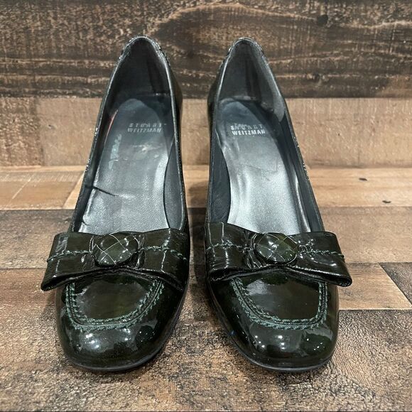 Stuart Weitzman Chesterfield Dark Green Patent Leather Heels With Bows Size 6 - Picture 3 of 11